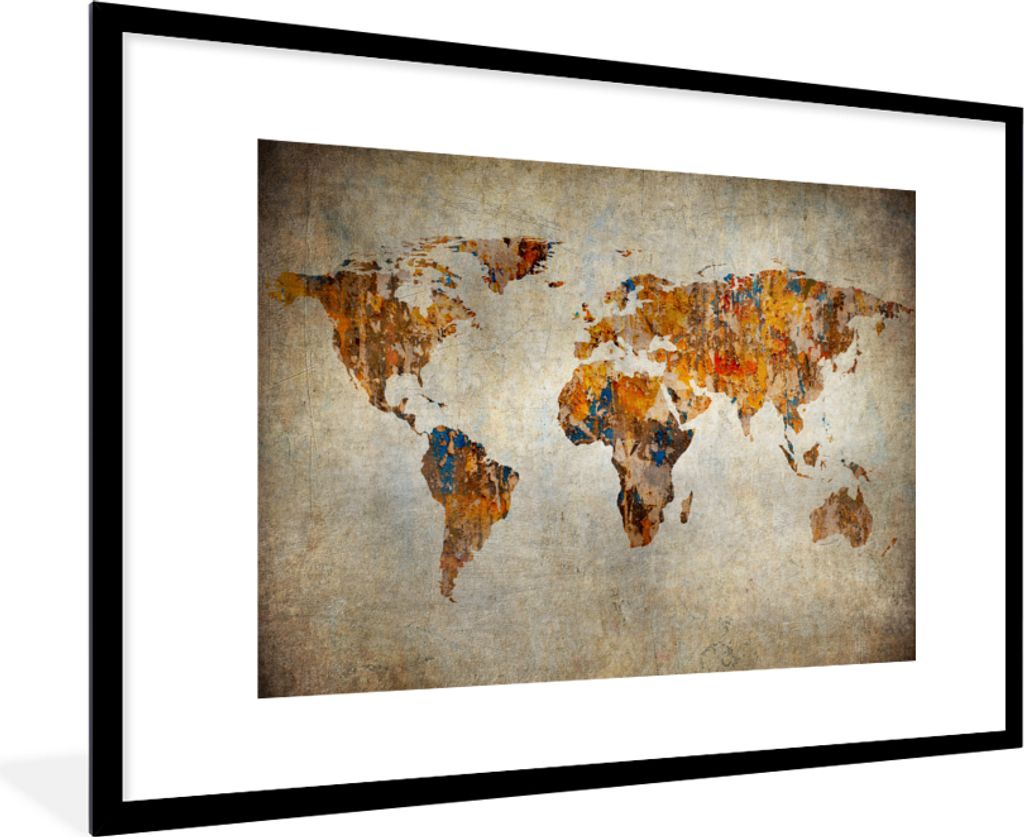 MuchoWow Gerahmtes Poster Weltkarte - Vintage - Abstrakt - Kinder - Jungen - Mädchen 90x60 cm - Poster mit Schwarzem Bilderrahmen Wandposter Rah...
