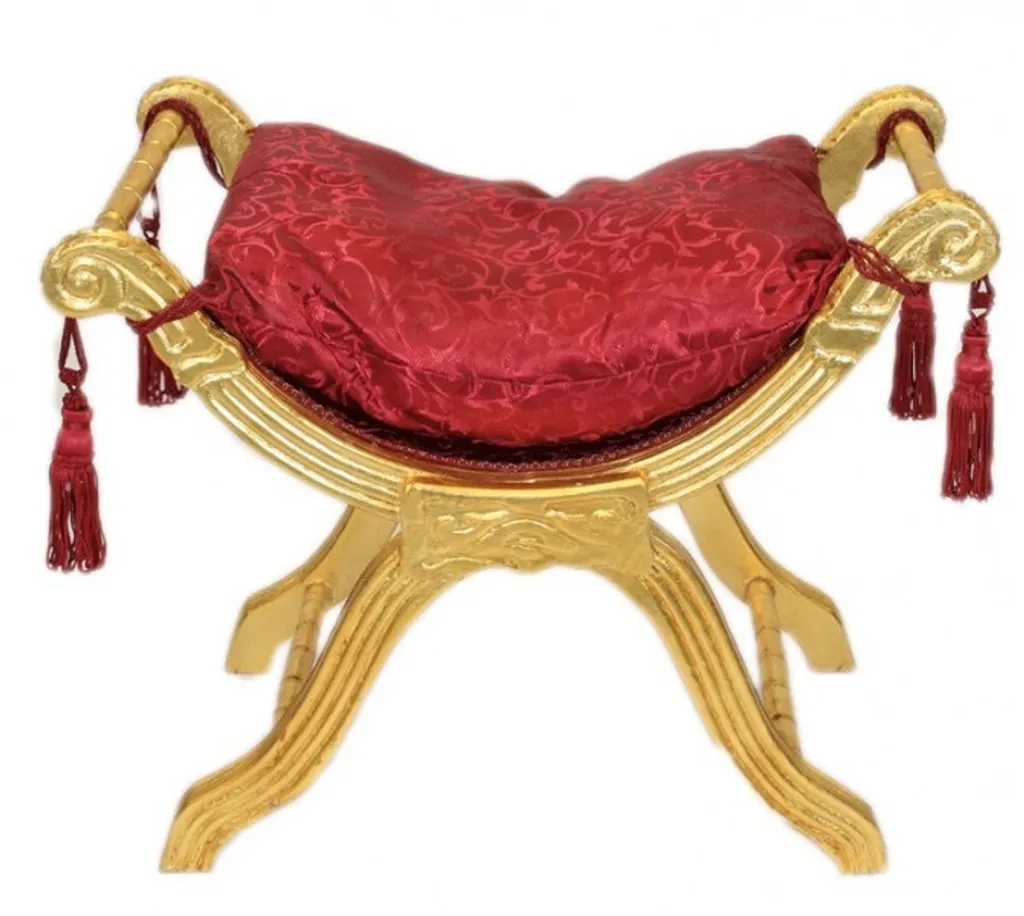 Tabouret en Croix Baroque Bordeaux et Or - Finition Antique Dorée