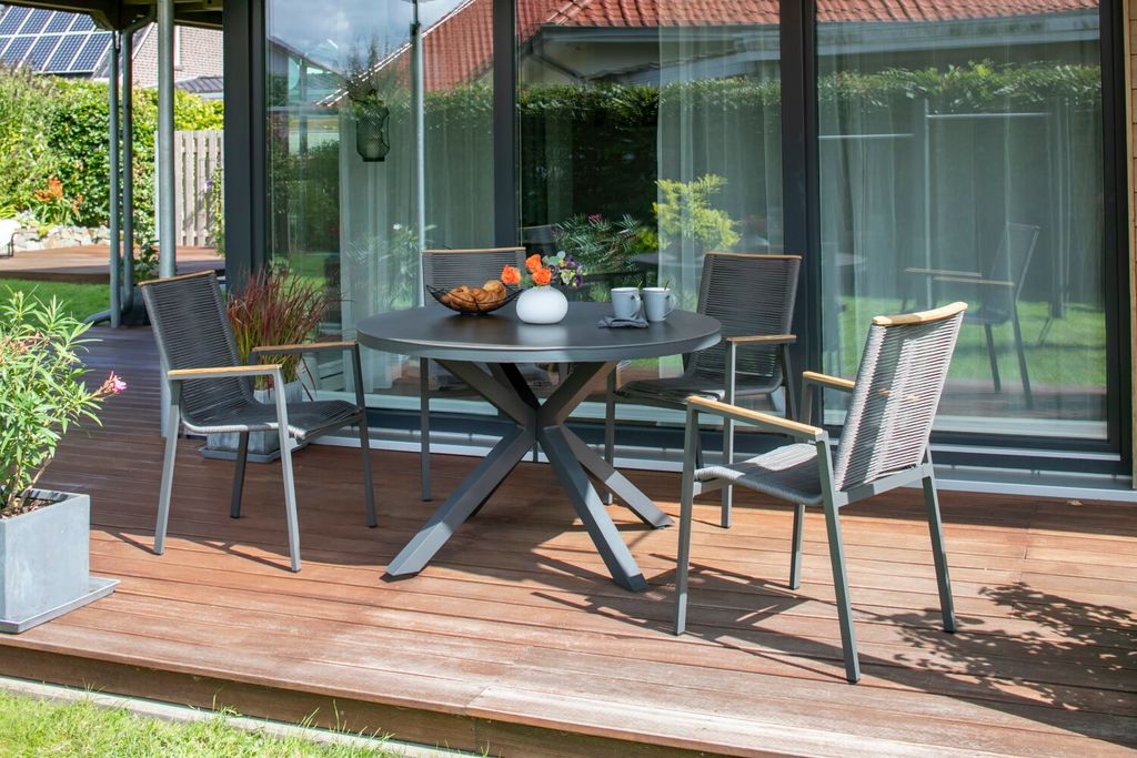 Gartenmöbelset Tisch Malaga, 4er Set Dining Stapelsessel Alicante Rope