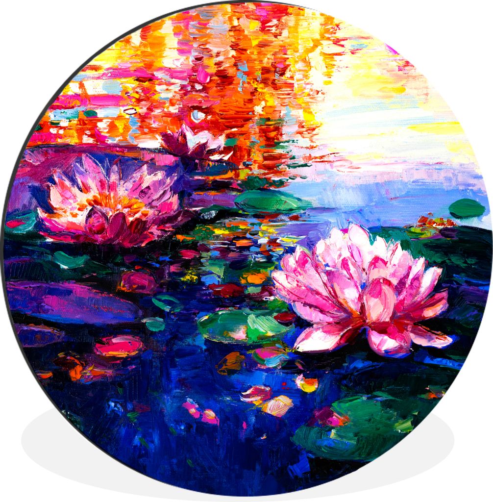 MuchoWow Aluminium Wandkreis Gemälde - Öl - Seerose - Wasser Ø 60 cm Wanddeko Modern Wohnzimmer - Wand Kreis - Wandbild - Schlafzimmer - Alumi...