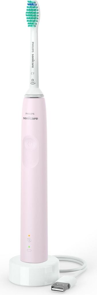A pink electric toothbrush with a white charging base and USB cable, presented against a white background.