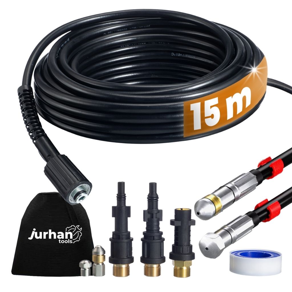 A set of pressure washer accessories including a hose, nozzles, and a storage bag, laid out on a white background.