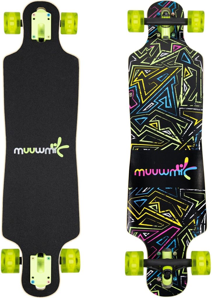 muuwmi Longboard Compact Neon, LED- Leuchtrollen, ABEC 7, Deck 83x22 cm, 5,5 Zoll FOX Aluminium Trucks, Rollen 60x45 mm