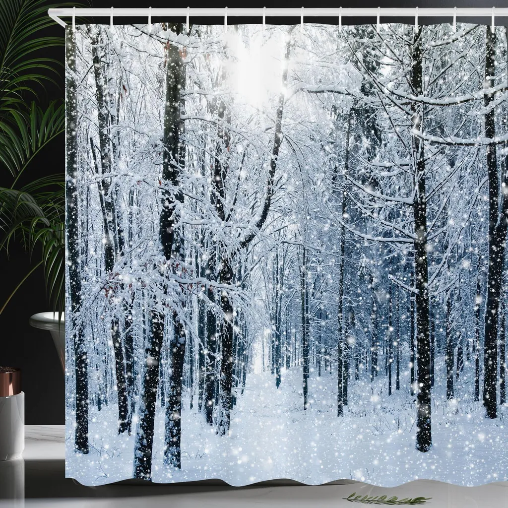 Tenda da doccia con scena di neve invernale Albero Paesaggio naturale Stampa 3D Decorazione per bagno impermeabile Vasca da bagno per la casa Set di tende in poliestere-L180xH180cm