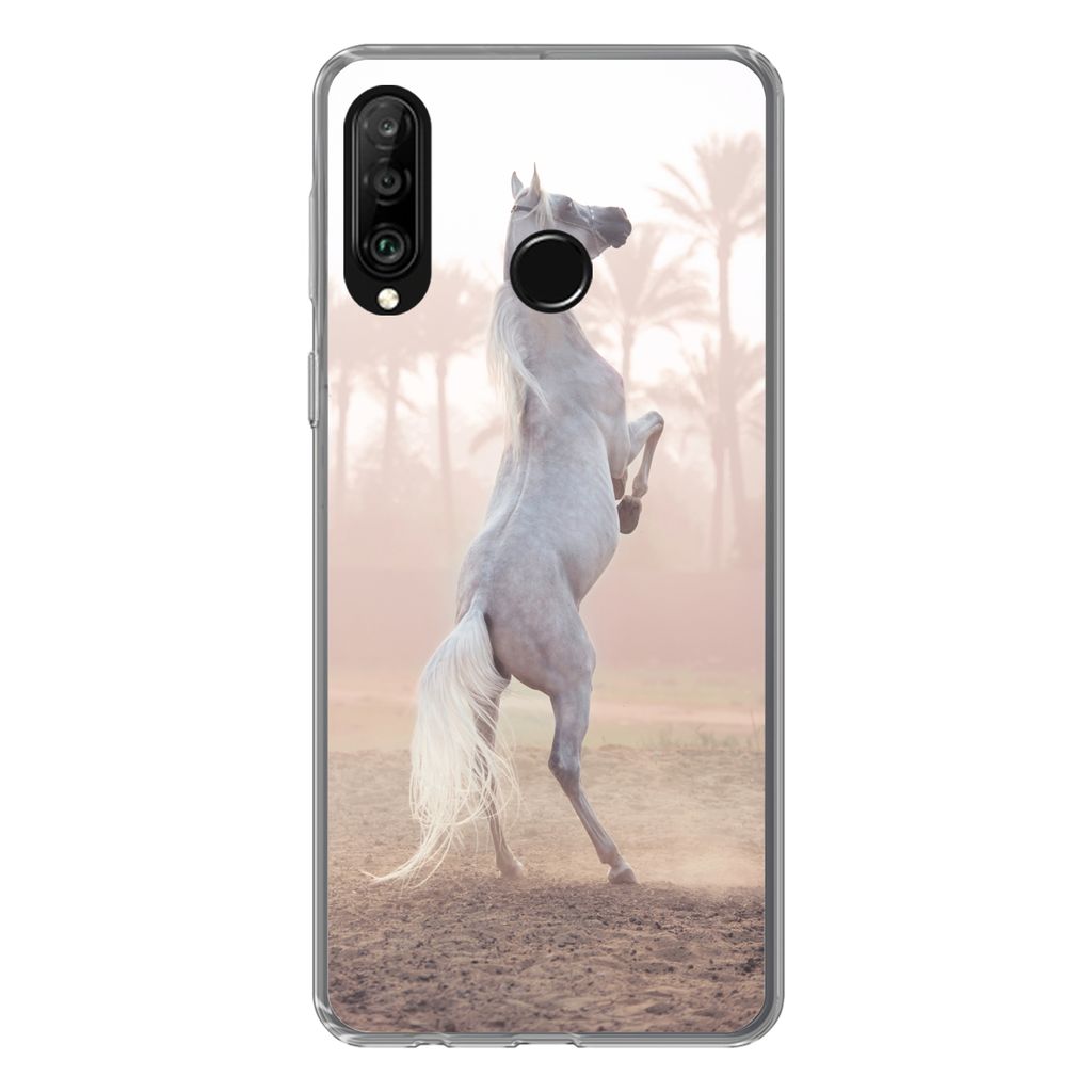 MuchoWow Handyhülle Schutzhülle Hülle für Huawei P30 Lite Pferd - Sand - Palme Silikon Softcase Handy Hülle - Handyhülle