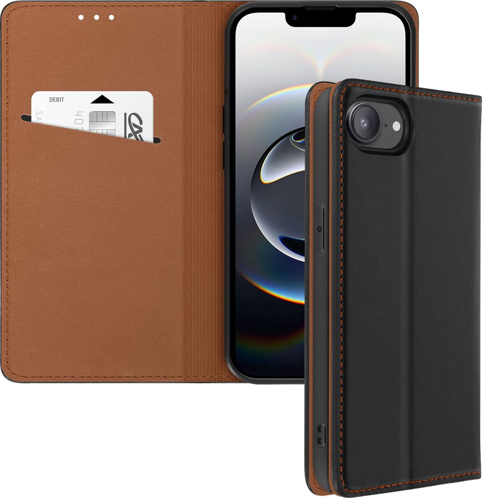 Avizar, Echtleder Hülle iPhone 16e Wallet, Schwarz