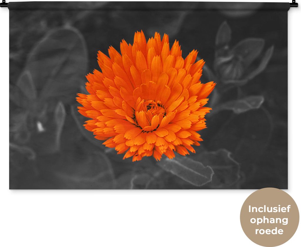 MuchoWow Wandteppich Wandbehang Blumen - Orange - Schwarz - Weiß 150x100 cm Tapisserie Dekoration Wandtuch - Waschbar - Tapisserien - Wand-Decke