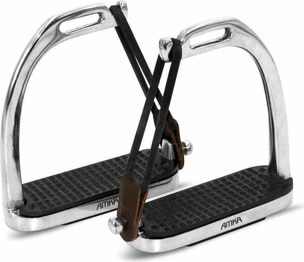 AMKA Sicherheitssteigbügel Edelstahl mit Gummiring und Kunstlederschlaufe, 12 cm, schwarze Einlagen Sicherheits Steigbügel Safety Steigbügel Sa...