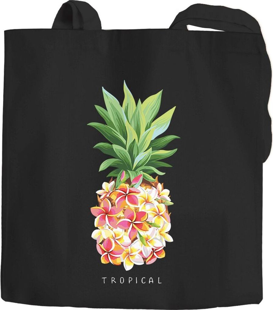 Jutebeutel Ananas Blumen Pineapple Flowers Tropical Summer Paradise Baumwolltasche Stoffbeutel Autiga schwarz 2 lange Henkel