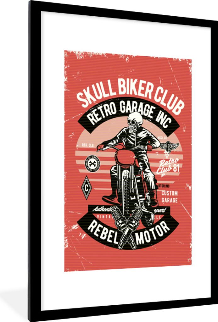 MuchoWow MuchoWow Gerahmtes Poster Motorrad - Totenkopf - Vintage - Zitat 60x90 cm - Poster mit zchwarzem Bilderrahmen - Dekoration - Wandposte...