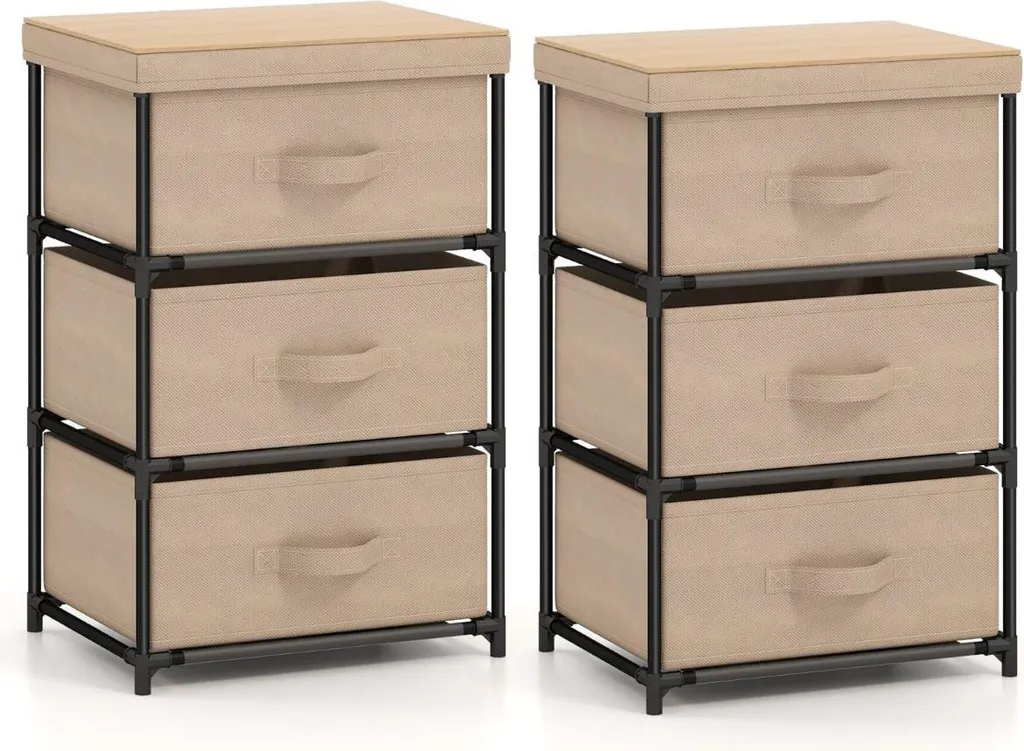 Lot de 2 Tables de Chevet avec Tiroirs en Tissu et Structure Métal Noir