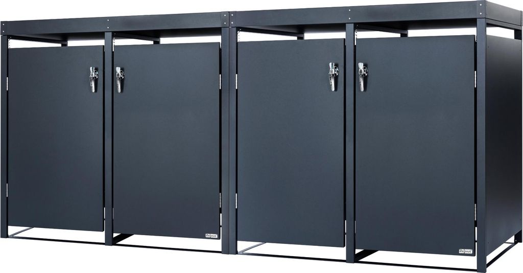 A dark gray metal trash can enclosure with four doors and a plantable roof.