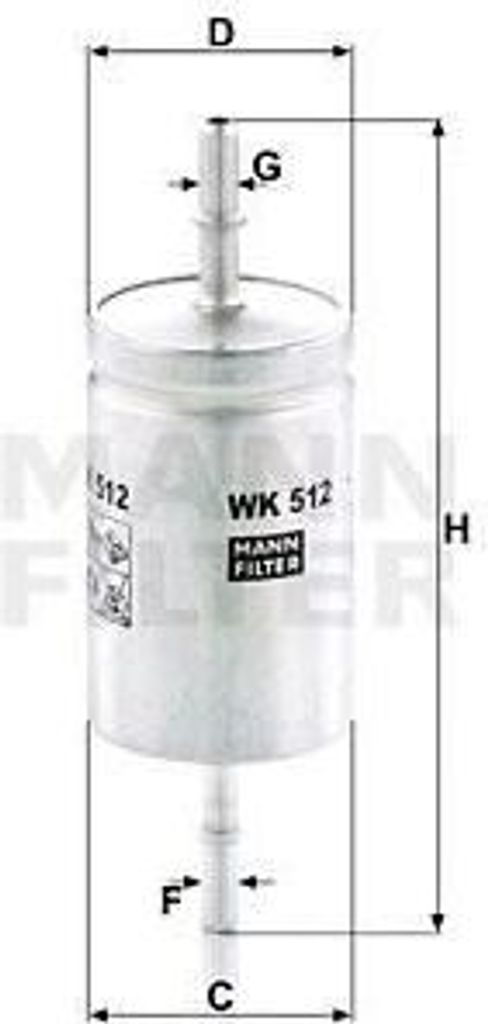 A technical drawing of a fuel filter with dimensions indicated.