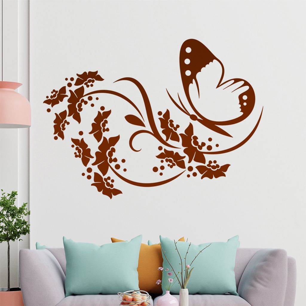 Falter Schmetterling Blüte Wandtattoo in 6 Größen - Wandaufkleber Wall Sticker - Dekoration, Küche, Wohnzimmer, Schlafzimmer, Badezimmer