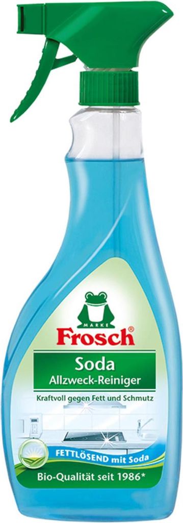 A bottle of Frosch Soda All-purpose cleaner with a green spray nozzle.