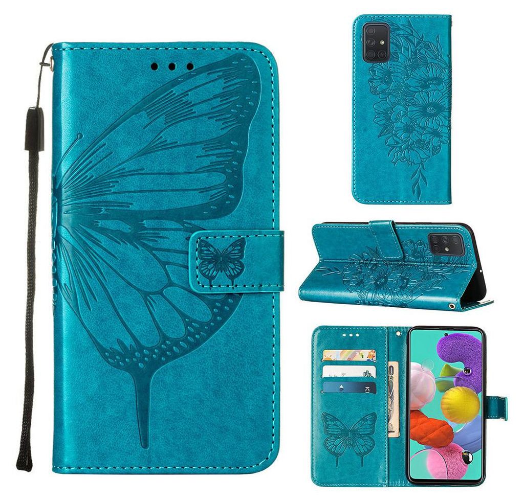 Galaxy A51 Hülle, Schmetterling Prägung Flip Leder Kartenfächer Schutzhülle Ledertasche mit Ständer für Samsung Galaxy A51 Blau