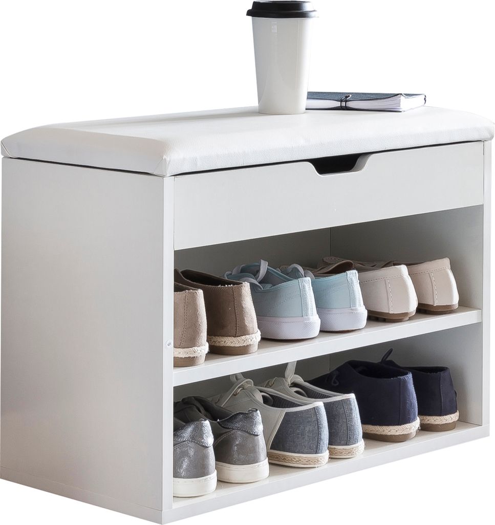 Schuhbank mit Sitzfläche Weiß Garderoben-Bank Holz 60 x 40 x 30 cm, Holzbank klein gepolstert, Sitzbank schmal Flur mit Stauraum, Truhenbank Schu...