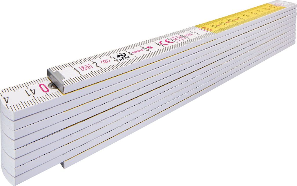 STABILA Zollstock Type 417, 2 m, weiß, weiß/gelbe metrische Schnellablese-Skala, Winkelfunktion, Meterstab aus PEFC-em Holz, Stahlblechgelenke mi...