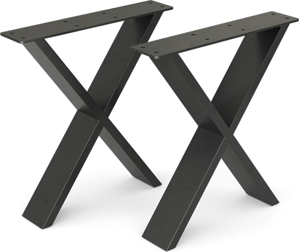 Two black metal table legs with an X-shape design are shown against a white background.