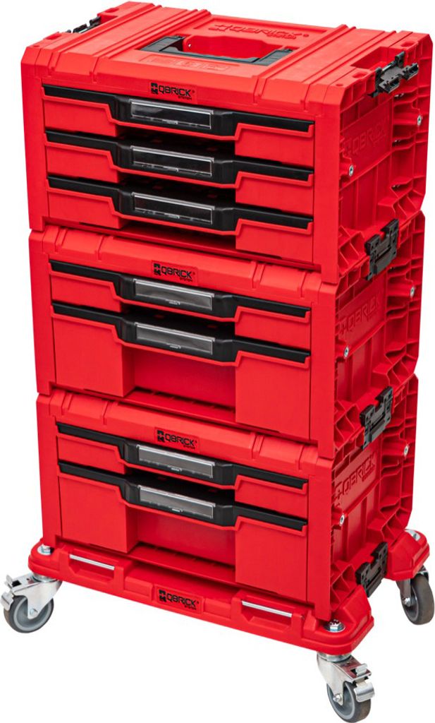 A red modular tool storage system with drawers on wheels.
