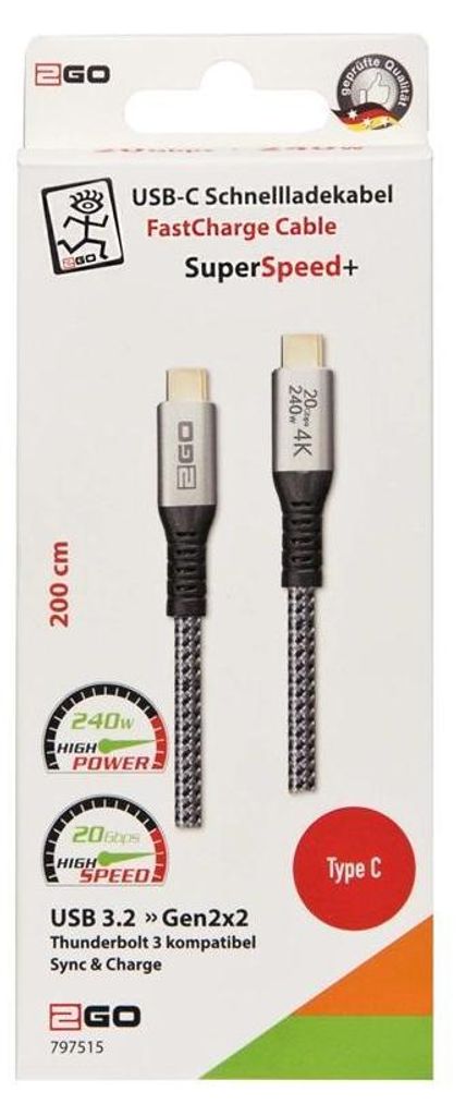 2GO Schnellladekabel USB-C 240W 20Gbps Thunderbolt 3 2m
