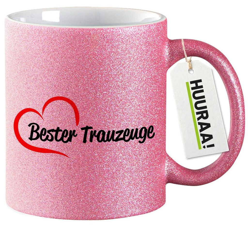 Huuraa Glitzertasse Bester Trauzeuge Herz 330ml Pink Keramik Kaffeebecher Geschenkidee