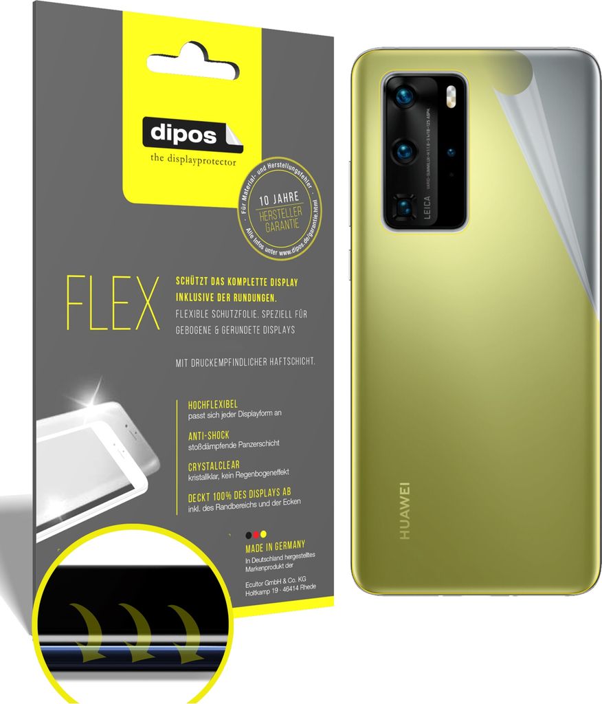 2x Schutzfolie für Huawei P40 Pro Plus Rückseite Folie, 100% Displayabdeckung, dipos Flex