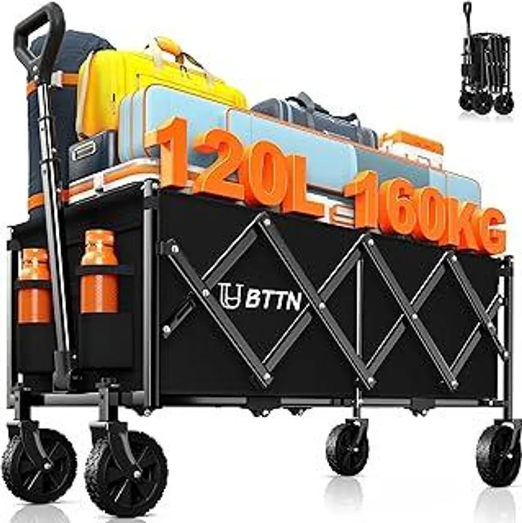 BTTN 120L Carrello pieghevole, 160 kg (350 libbre) di carico utile Carrello a mano pieghevole con ruote silenziose, carrello per giardino, campeggio, shopping e picnic, carrello di trasporto pieghevole con ruote stabili, nero - 1