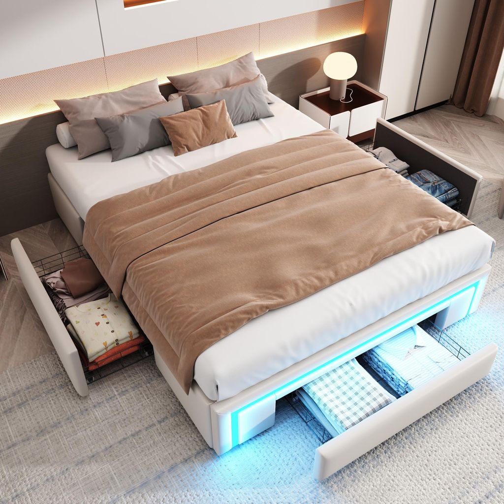 MODFU Jugendbett 140X200 Bettgestell ohne Kopfteil mit Schubladen,Flachbett mit LED-Lichtleiste und Metallrosten,Beige (ohne Matratze)