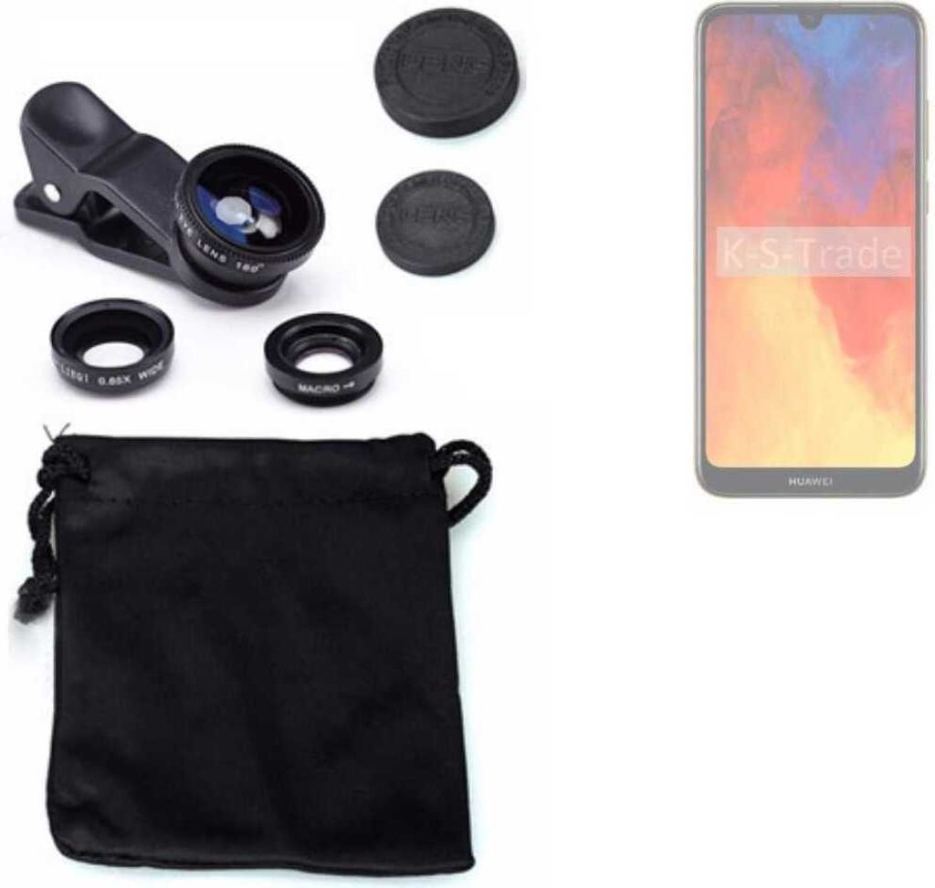 K-S-Trade Smartphone Kamera Linsen Set Kompatibel mit Huawei Y6 (2019) 3in1 Clip-On Kamera Adapter Macro Weitwinkel FishEye Fischauge Objektiv Linse