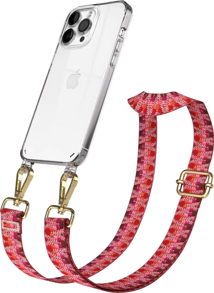EAZY CASE Handykette - Verstellbarer Trageriemen kompatibel mit Apple iPhone 14 Pro Max, Handykordel mit transparenter Silikon-Hülle, Karabiner Go...