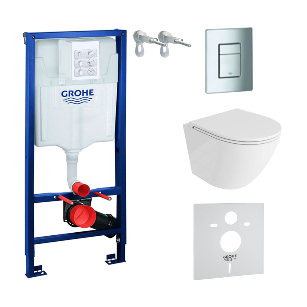GROHE Vorwandelement Solido + Wand Hänge WC Sofi One Weiß Spülrandlos + WC-Sitz SoftClose | Verchromter Knopf | Komplettset | Unterputz Spülkas...