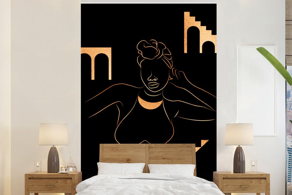 MuchoWow Fototapete für Wohnzimmer oder Schlafzimmer Wandtapete Vinyl Motivtapete Frau - Gold - Strichzeichnung - 170x260 cm - Wohnzimmertapete