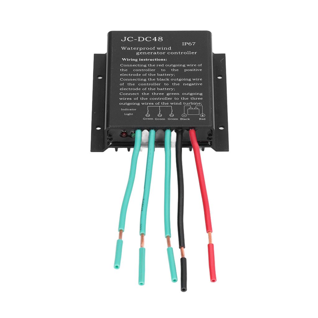 A black waterproof wind generator controller with wires attached.