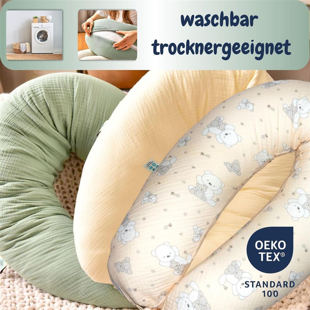 Stillkissen 190x30 XXL | Füllung Faserbällchen | Bezug 100% Baumwolle | Musselin Bärchen