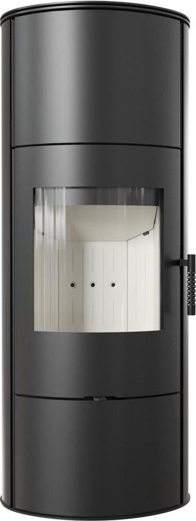 A freestanding black wood-burning stove with a glass door is shown against a white background.