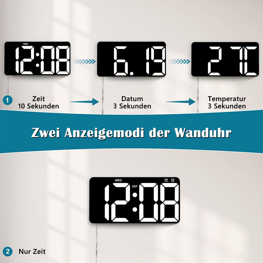 14" Digitale Wanduhr mit Fernbedienung, LED Anzeige für Produktbild 3
