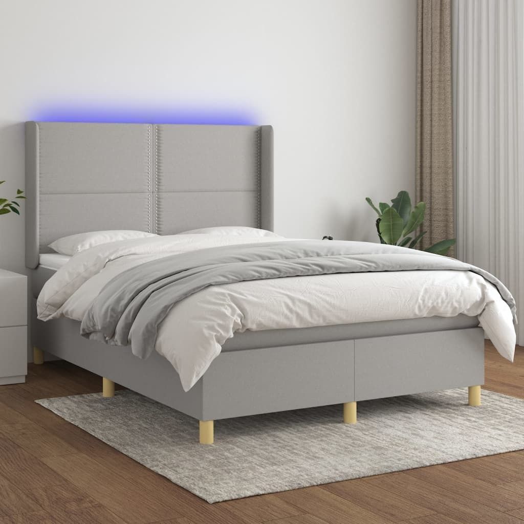 The Living Store Boxspringbett mit Matratze & LED Hellgrau 140x200 cm Stoff