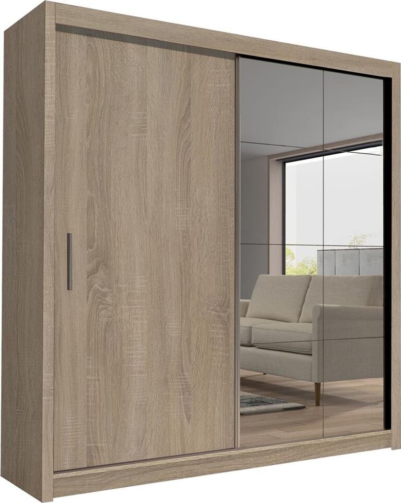 BETTSO Schwebetürenschrank Kleiderschrank Schrank Garderobe Spiegel VIKI 200 Sonoma