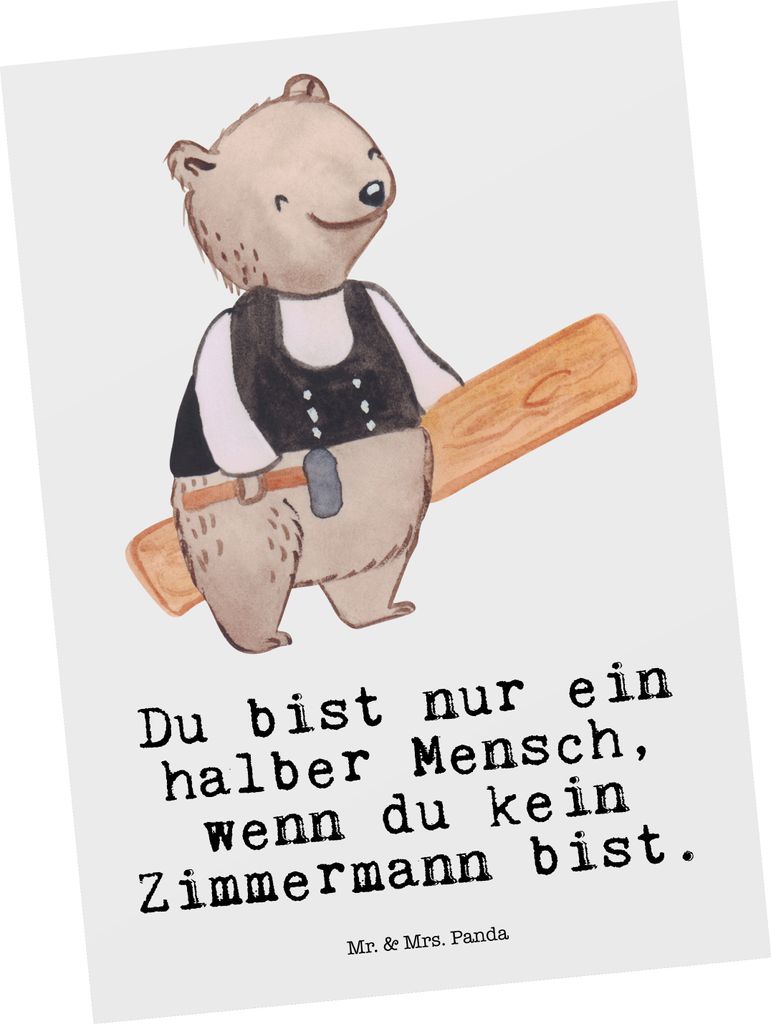 Mr. & Mrs. Panda Postkarte Zimmermann Herz - Weiß - Geschenk, bildkarte, Postkarten, Ansichtskarten, Fotokarte, Grußkarte