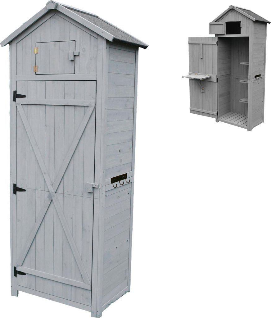 Relaxdays Gartenschrank, Holz, wetterfestes Dach, 3 Ablagen, klappbarer Tisch, HBT: 180,5 x 75 x 50 cm, Holzhaus, grau