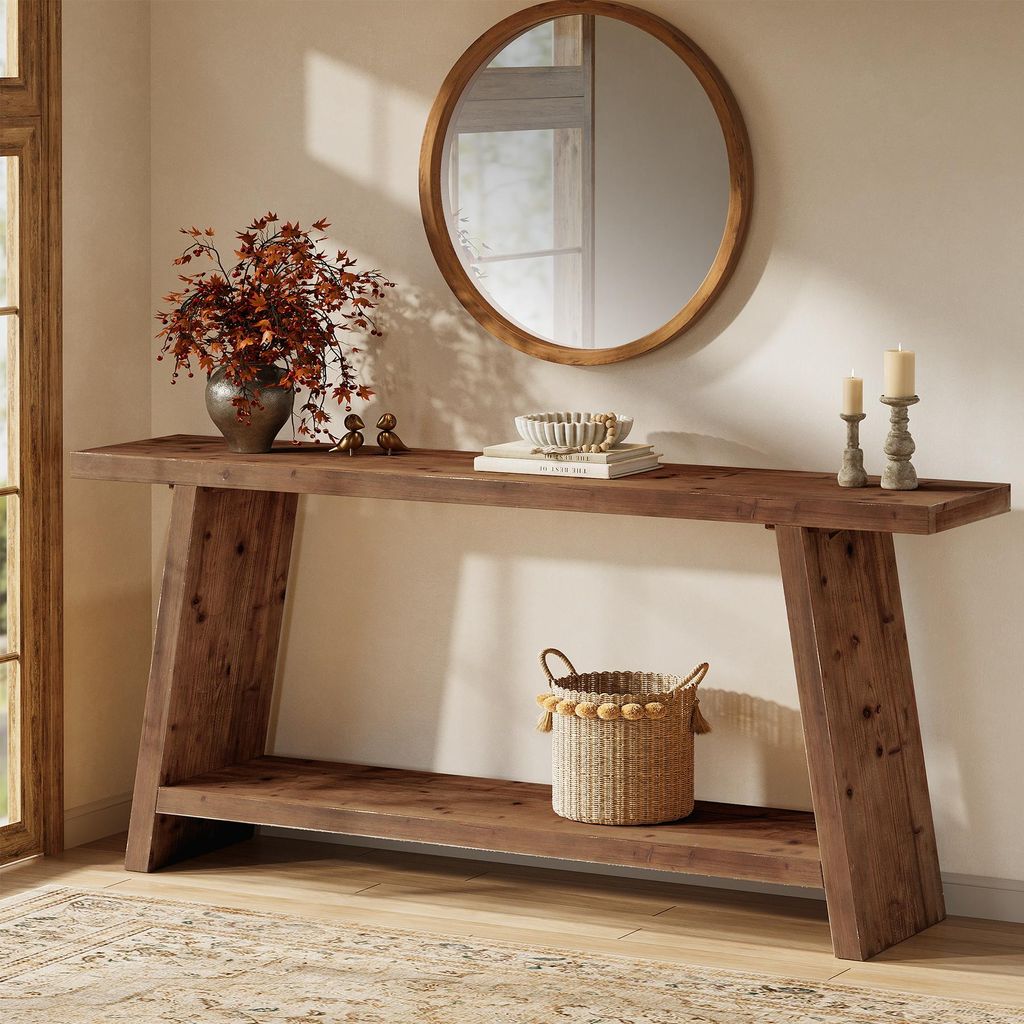 Konsolentisch aus Massivholz, 160 cm lang, zweistöckiger Landhaus-Flurtisch mit Stauraum, schmaler, langer Sofatisch für Wohnzimmer, Eingangsbereich