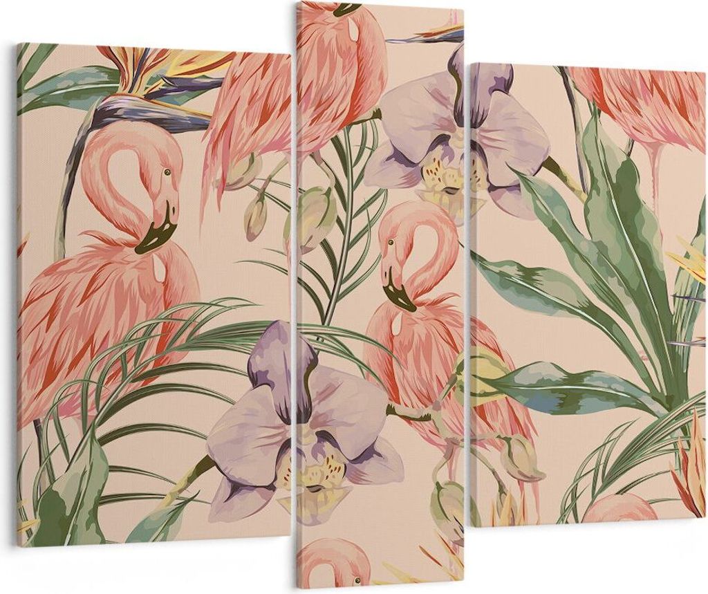 Bild auf Leinwand - Leinwandbild - Flamingos Pflanzen Vogel exotisch - 95x80cm - Wand Bild - Wanddeko - Leinwanddruck - Bilder - Kunstdruck - Leinw...