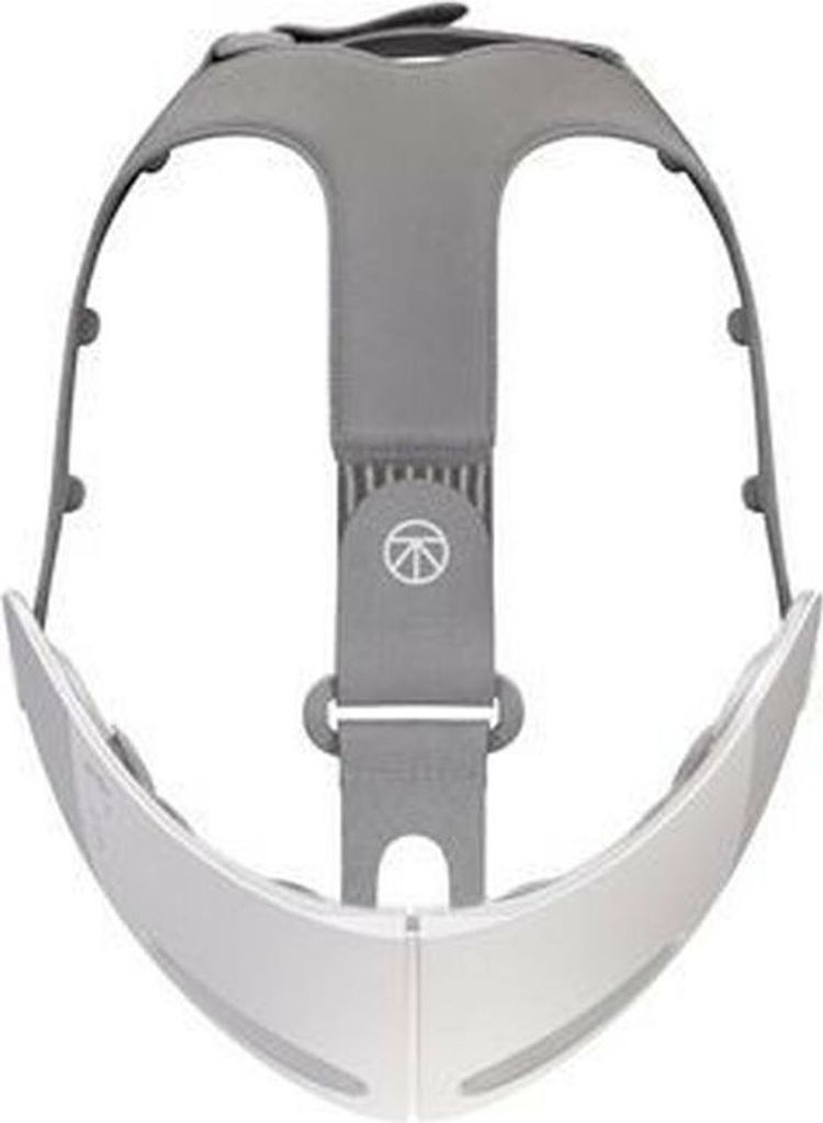 A product shot of a gray and white head strap accessory for a face mask.