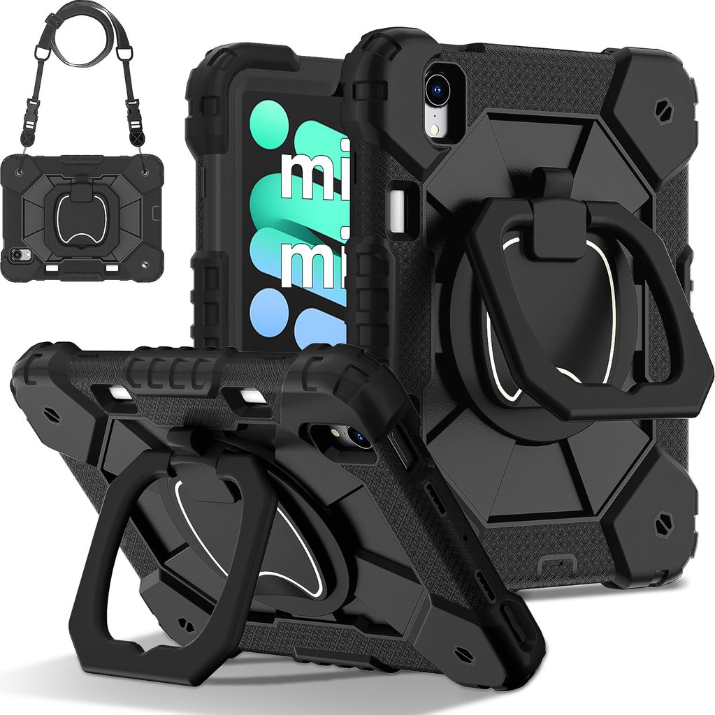 Hülle für iPad mini 2024/iPad mini 2021 Robuste Tragbare Schutzhülle mit Ständer, Handgurt und Schultergurt Schwarz