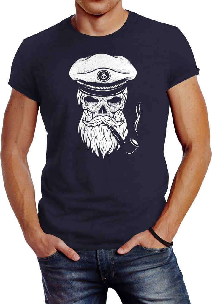 Herren T-Shirt Totenkopf Kapitän Captain Skull Hipster Slim Fit Neverless navy S