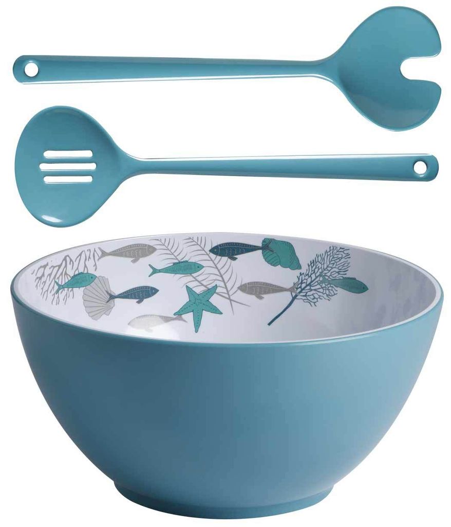 Salatschüssel mit Besteck, Melamin, flach groß, 25cm, Coastal - Serie