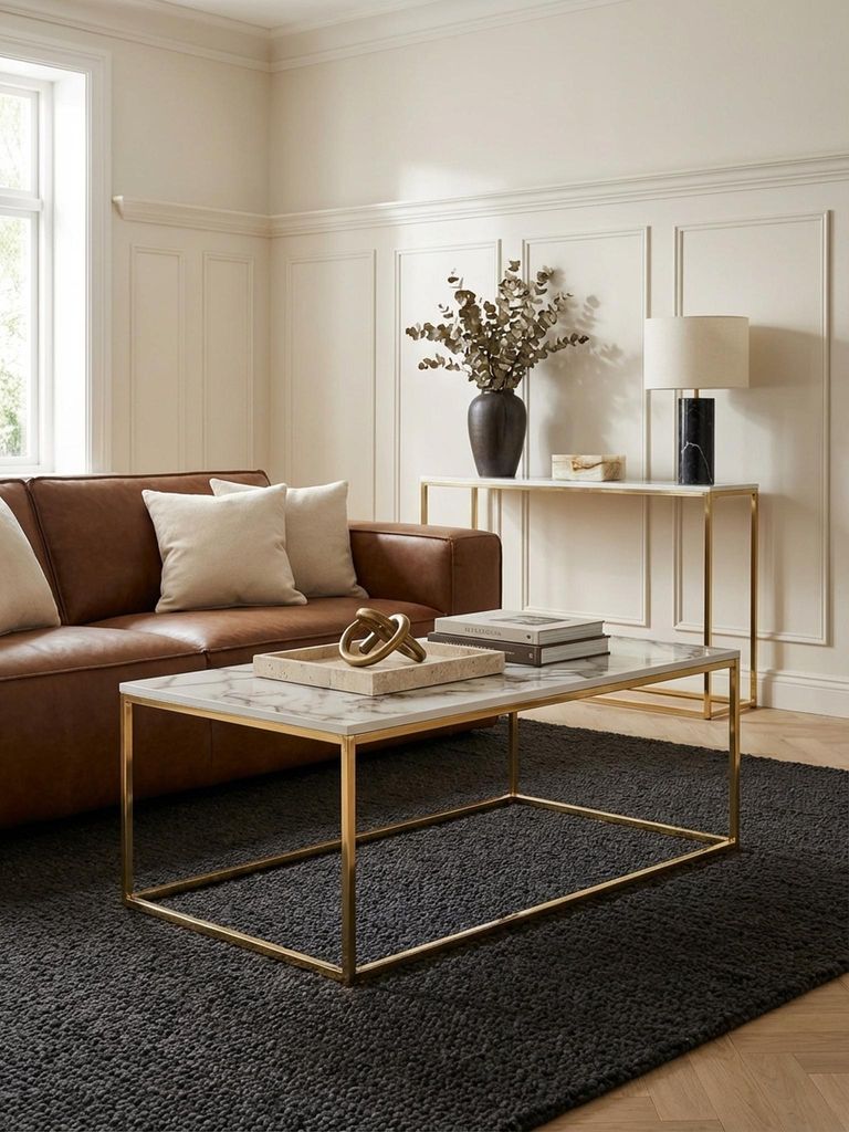 Eleganter Couchtisch in Marmor-Optik mit goldenem Metallgestell im Zentrum eines modernen Wohnzimmers mit bequemer Couch und Teppich._#sku_SAFWL6.606#