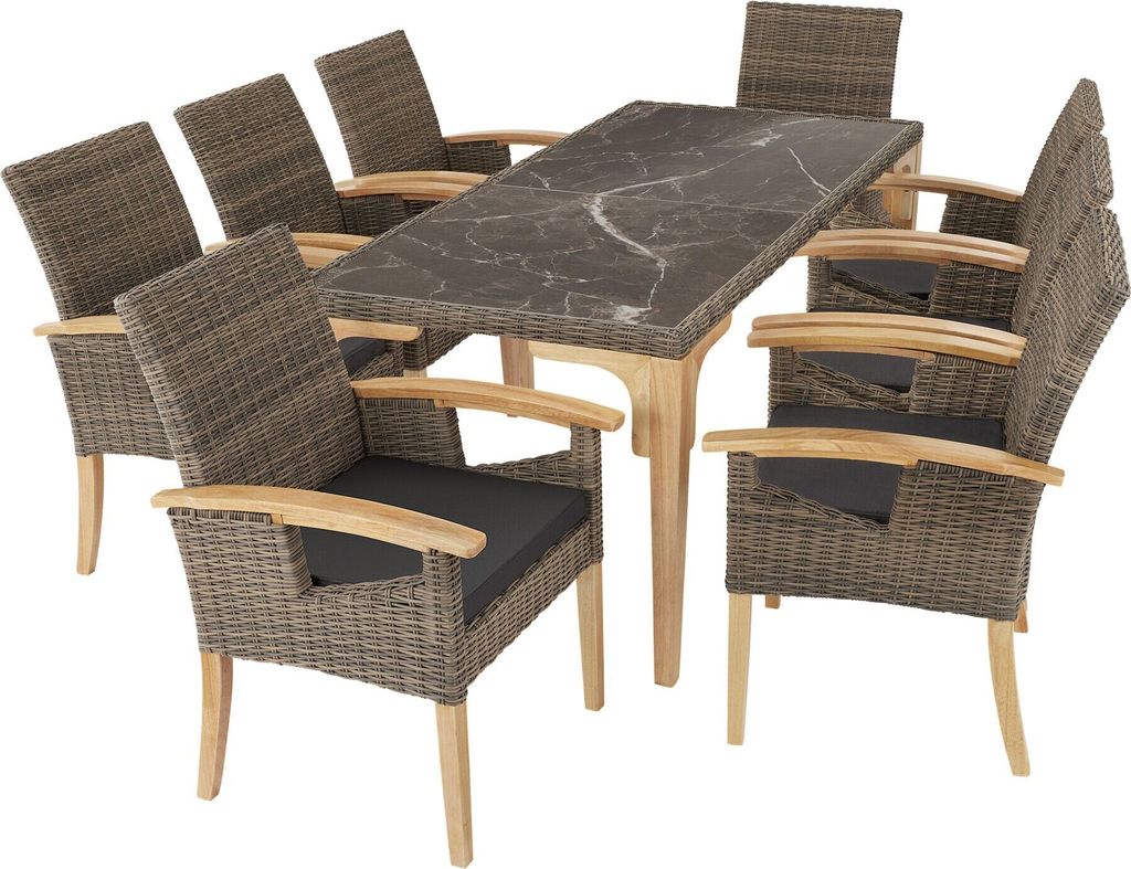 A dining set with a table and eight chairs, presented on a white background.