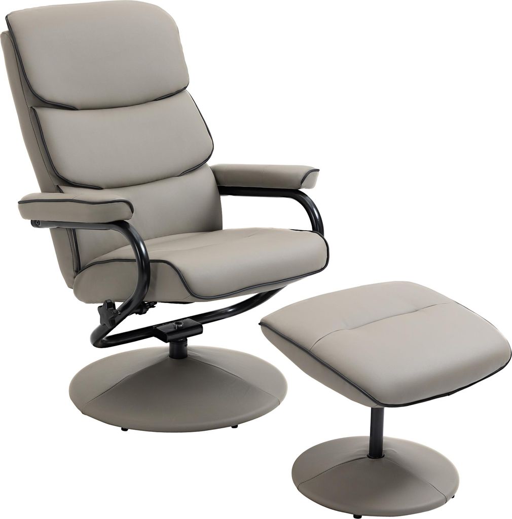 A gray recliner chair with a matching ottoman on a white background.